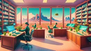 An illustration of people working in an office next to a desert