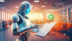 An illustration of a robot looking at a piece of paper