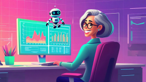 woman sitting at computer desk with hovering robot over the screens