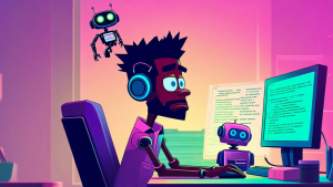 cartoon like human sitting at a desk with a computer screen and small robots fluttering overhead.