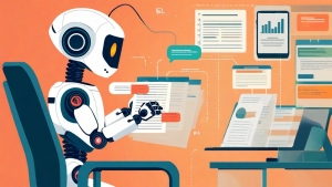 robot sitting at computer with orange background
