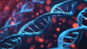 image of DNA coils in blue with red background