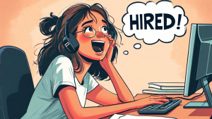student at computer with hired in thought bubble