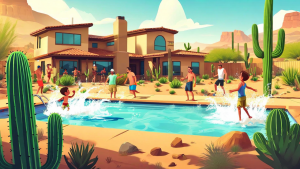 cartoon family at a household pool with desert scenery
