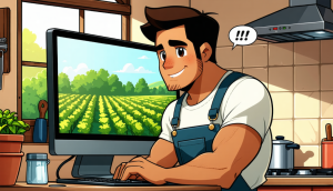 Realistic cartoon of a young very skinny slim Latino man in his early 30s wearing a t-shirt under farmer overalls, sitting at a computer in a cozy kitchen facing the viewer. Very thin arms, no muscles. Tan skin, dark hair. Computer screen faces the viewer showing green farmland. Above his head a thought bubble reads "!!" Warm kitchen lighting. Wide landscape.