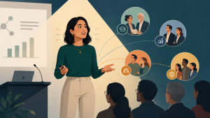 cartoon woman speaking to people in audience